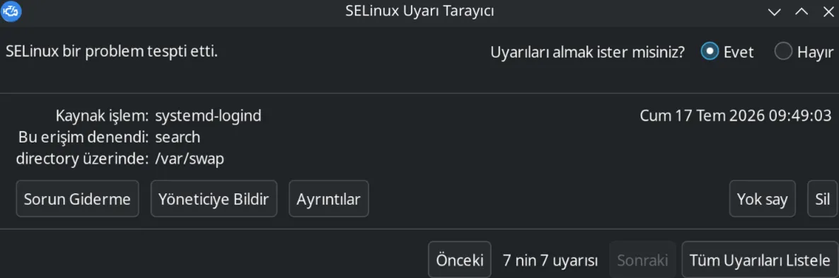 The SELinux Alert Browser window, reporting that SELinux detected a problem: source process systemd-logind, attempted access "search", on the directory /var/swap.